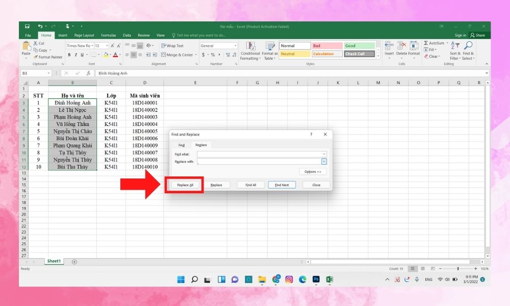 Cách xuống dòng trong Excel với Find & Replace bước 4