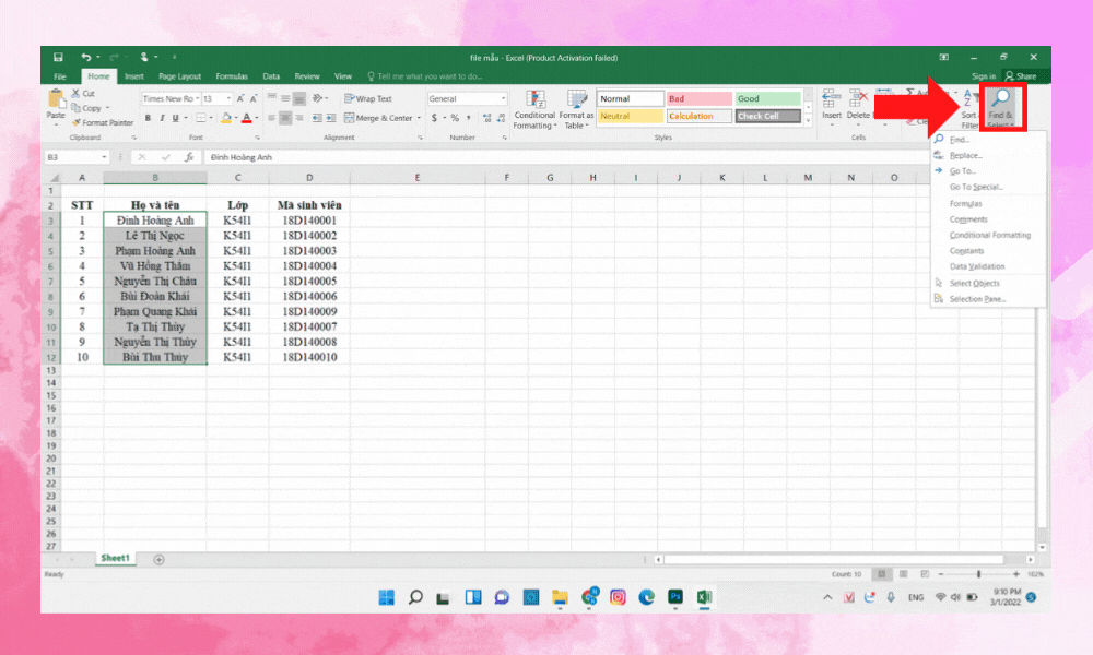 Cách xuống dòng trong Excel với Find & Replace bước 2