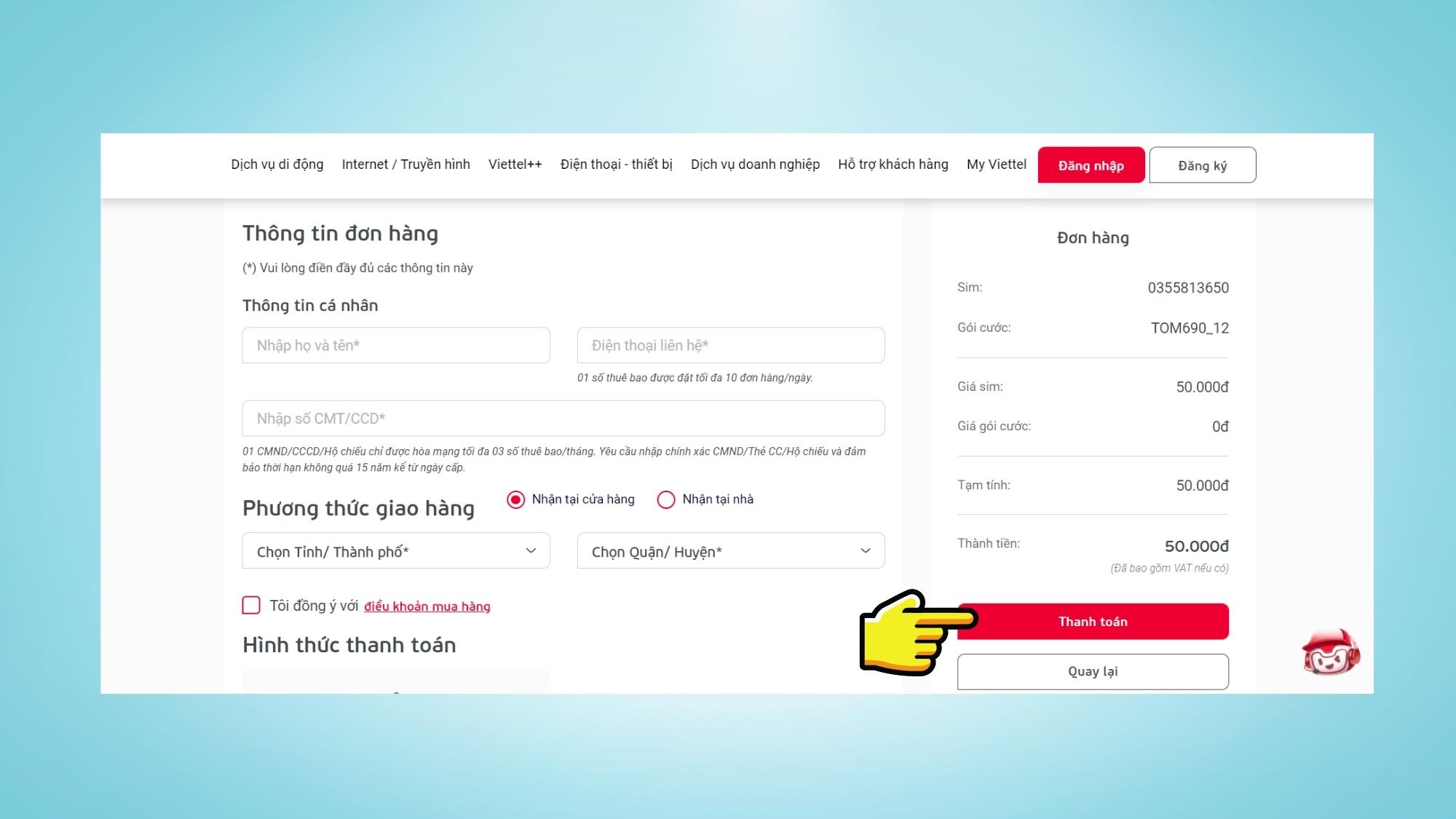 Mua sim đầu số 0355 bằng hình thức Online - Bước 4