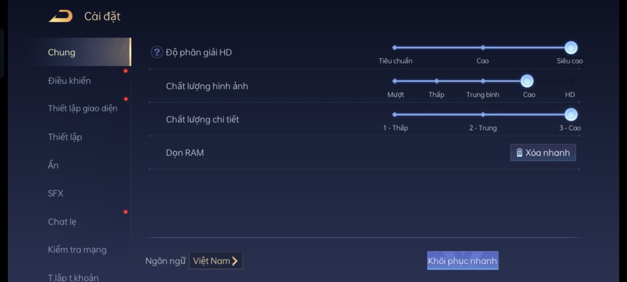 Cài đặt mức đồ họa game Liên Quân Mobile 1