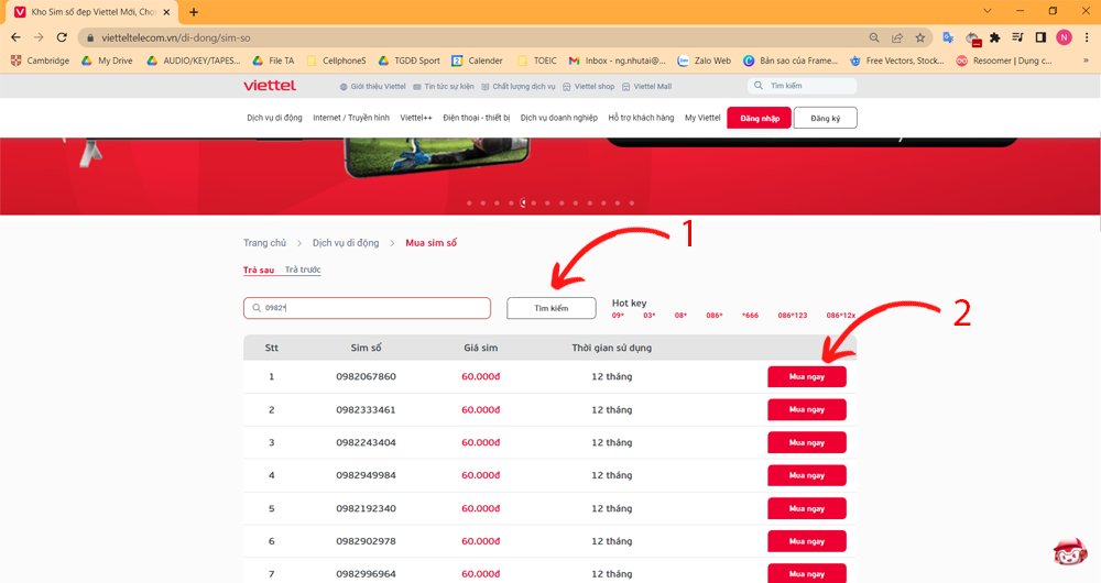 Tìm kiếm sim đầu 0982 và nhấn chọn mua ngay