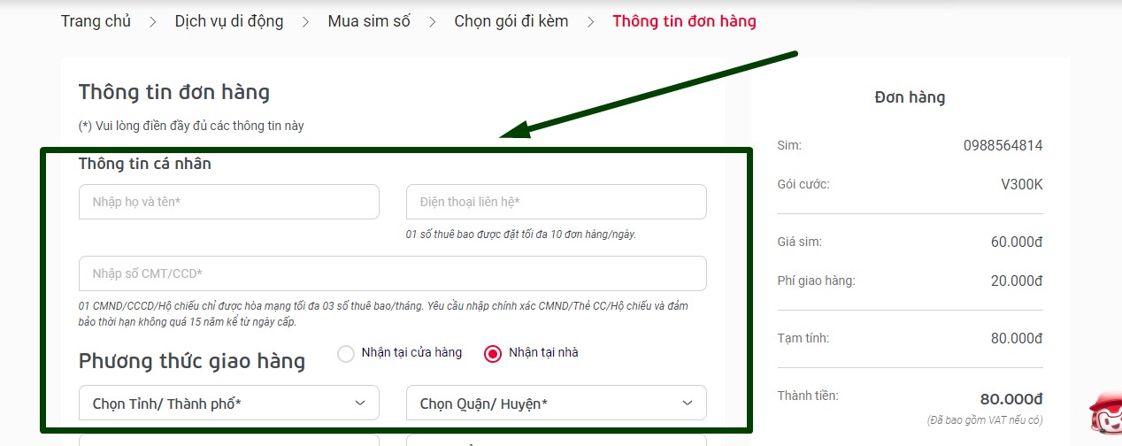 Đặt mua sim đầu số 0988 online tại nhà ở đâu? bước 6