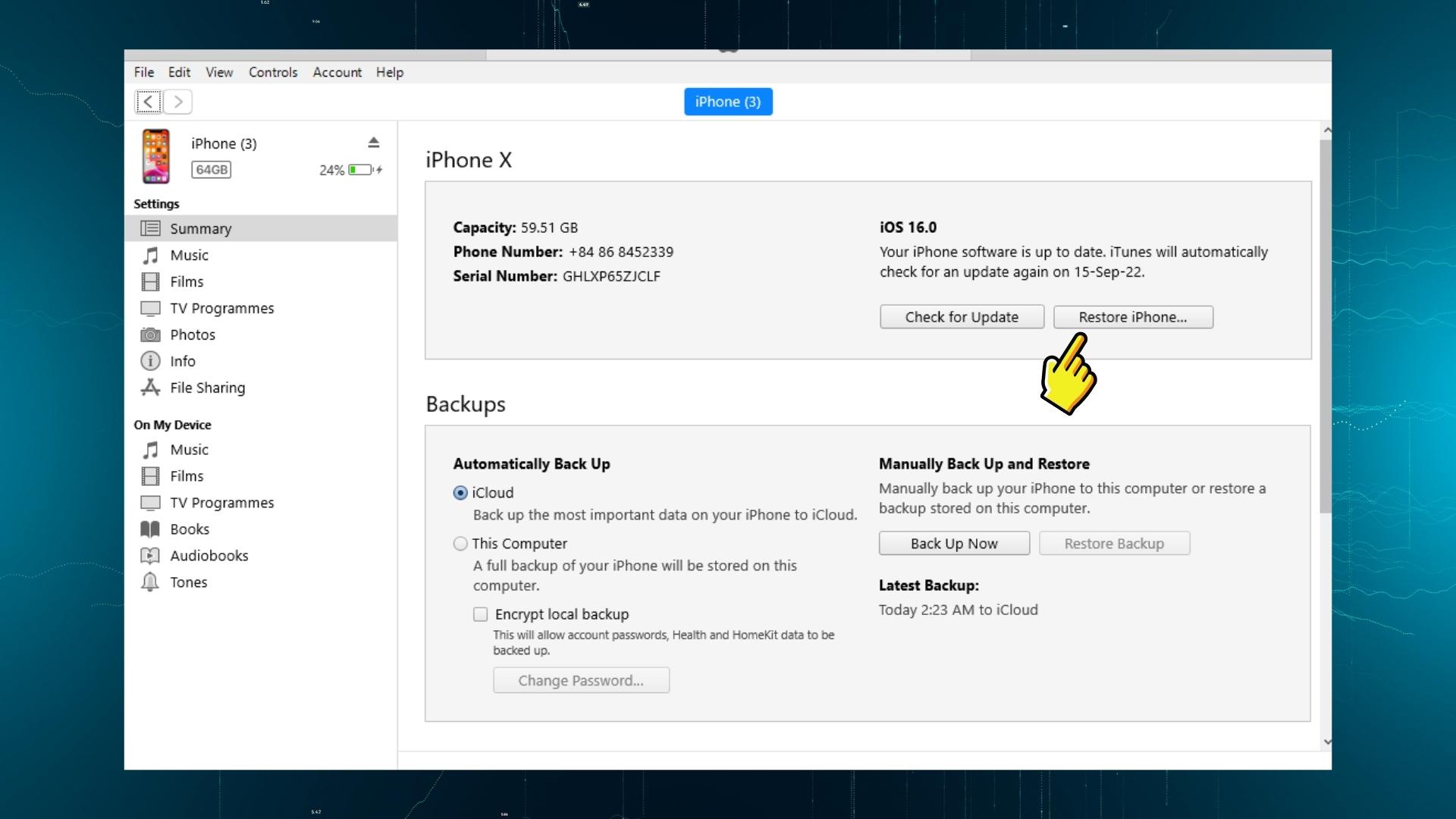Restore máy bằng iTunes - Bước 2