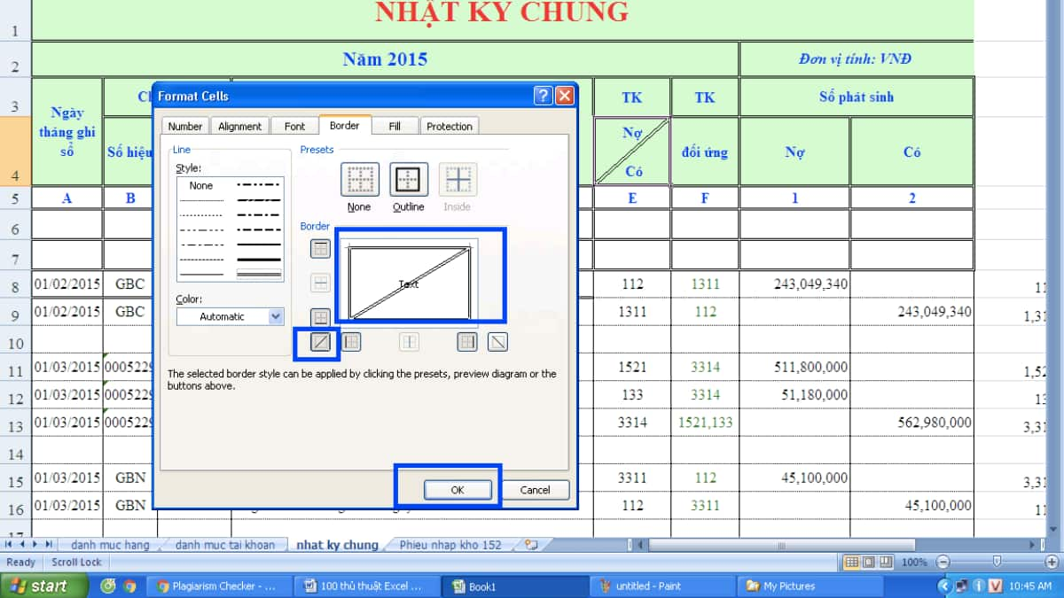 Thêm đường chéo phân cách các ô trong Excel