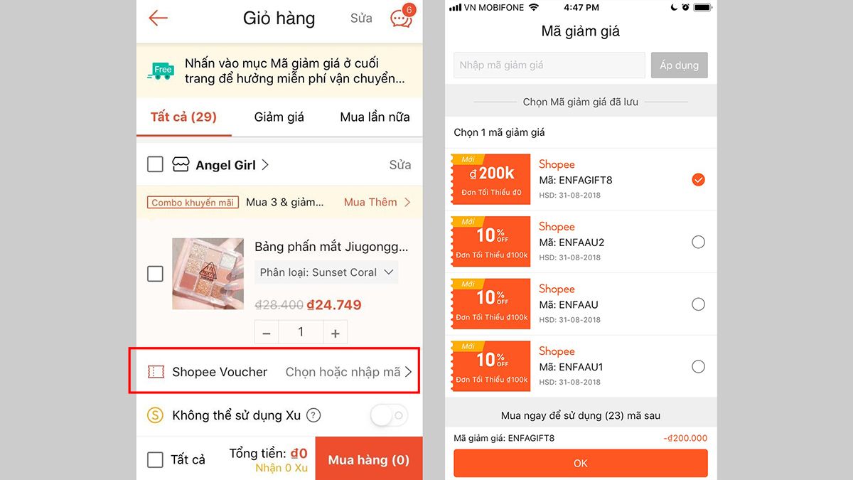 Tại giỏ hàng Shopee