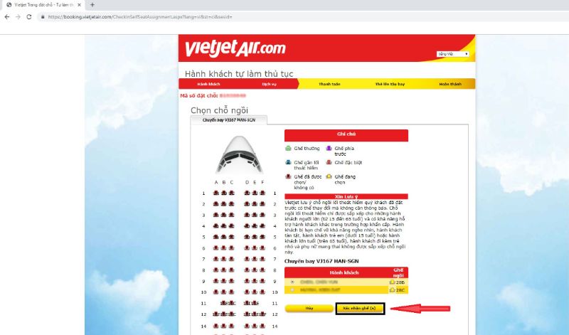 Chọn vị trí ghế ngồi, xác nhận, hoàn tất thủ tục
