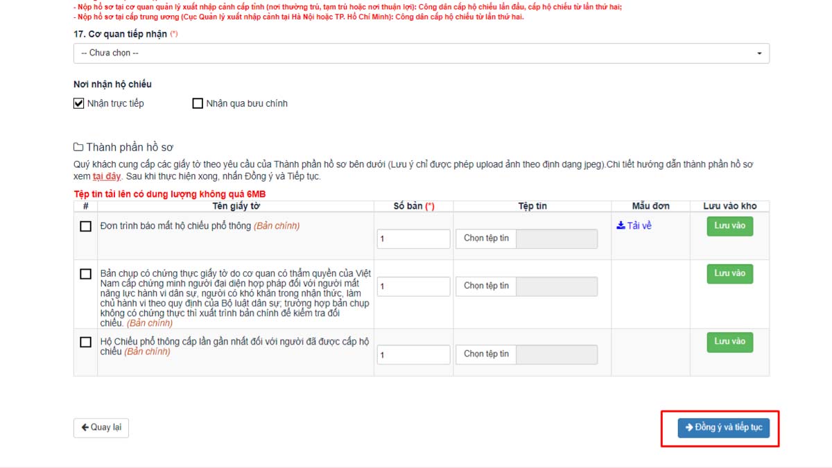 Hoàn tất việc làm hộ chiếu online bằng cách ấn Đồng ý và tiếp tục