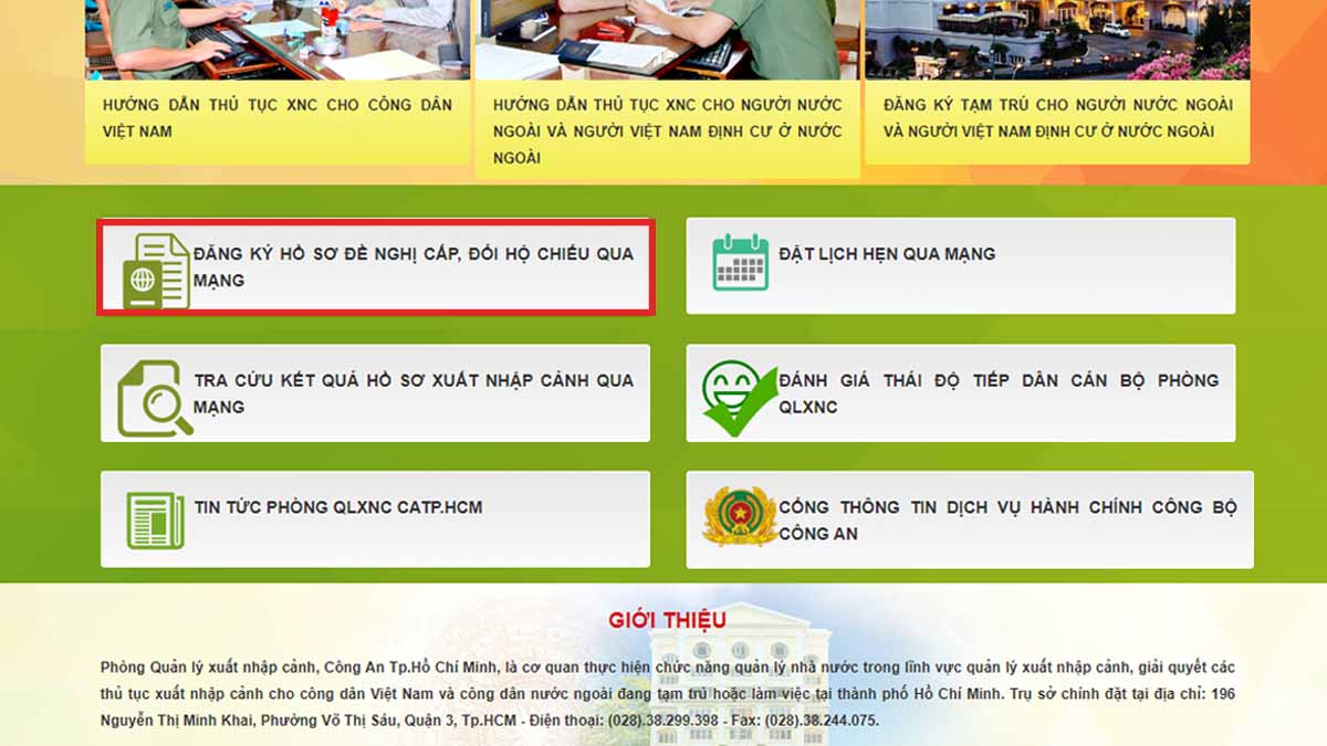 Chọn mục Đăng ký hồ sơ đề nghị cấp, đổi hộ chiếu qua mạng để làm hộ chiếu online TPHCM