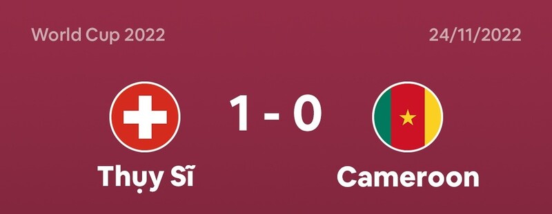 tỉ số Thuỵ Sĩ và Cameroon 1-0