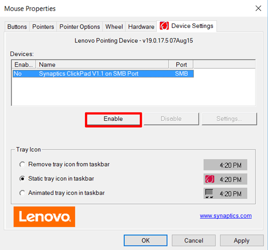 Kích hoạt Touchpad trong Mouse PropertiesKích hoạt Touchpad trong Mouse Properties