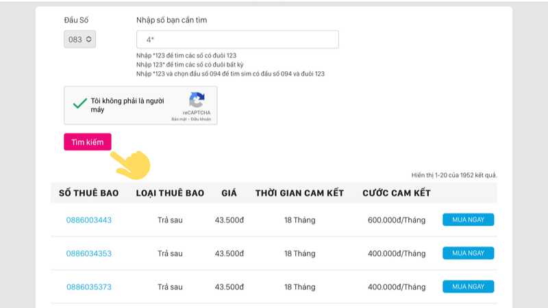 Nhập vào đầu số 0834 và nhấn chọn tìm kiếm