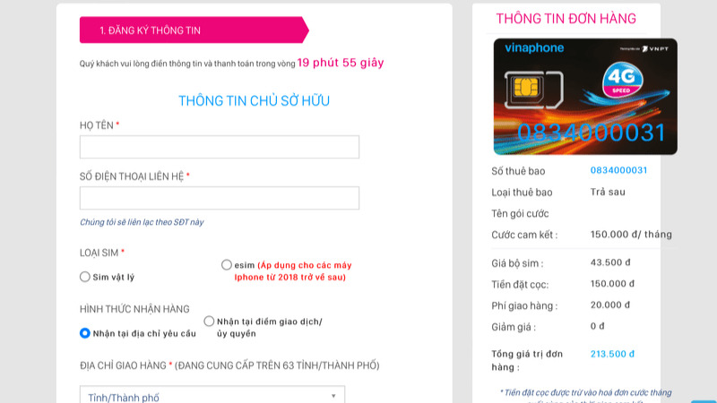 Điền đầy đủ thông tin để thanh toán sim đầu số 0834