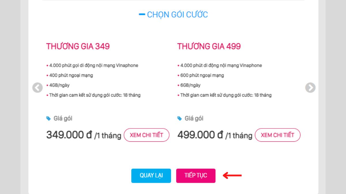 Tiến hành chọn gói cước