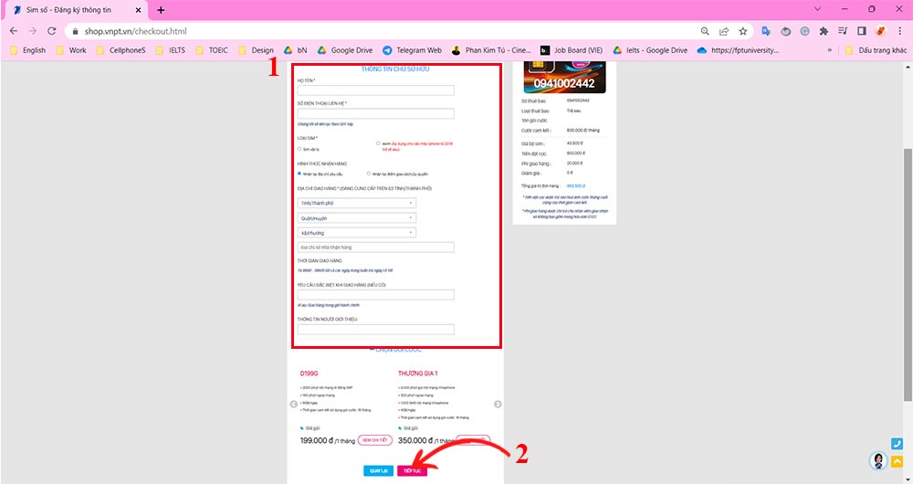 Điền đầy đủ thông tin và chọn gói cước mình muốn