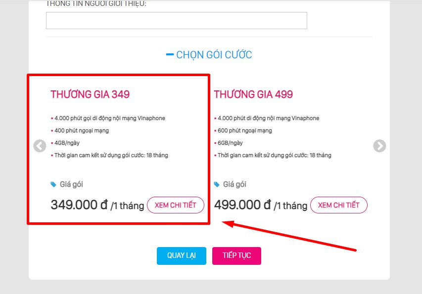 Chọn tiếp gói cước mà bạn muốn mua