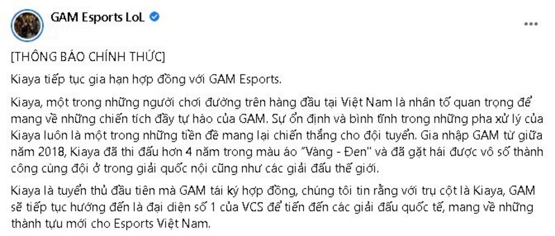 Kiaya ở lại GAM Esports tại VCS LMHT 2023