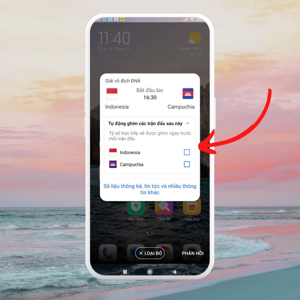 Cách ghim tỷ số AFF CUP trên điện thoại Android 6