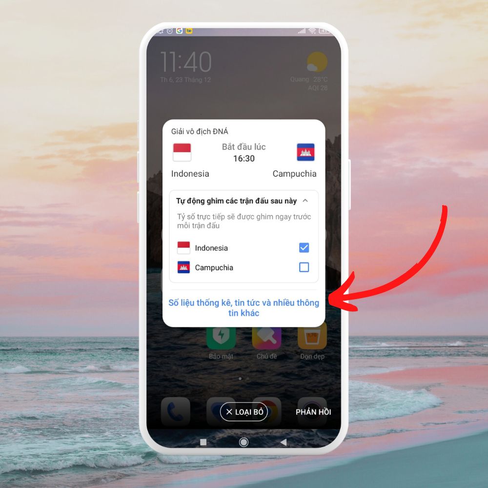 Cách ghim tỷ số AFF CUP trên điện thoại Android 7