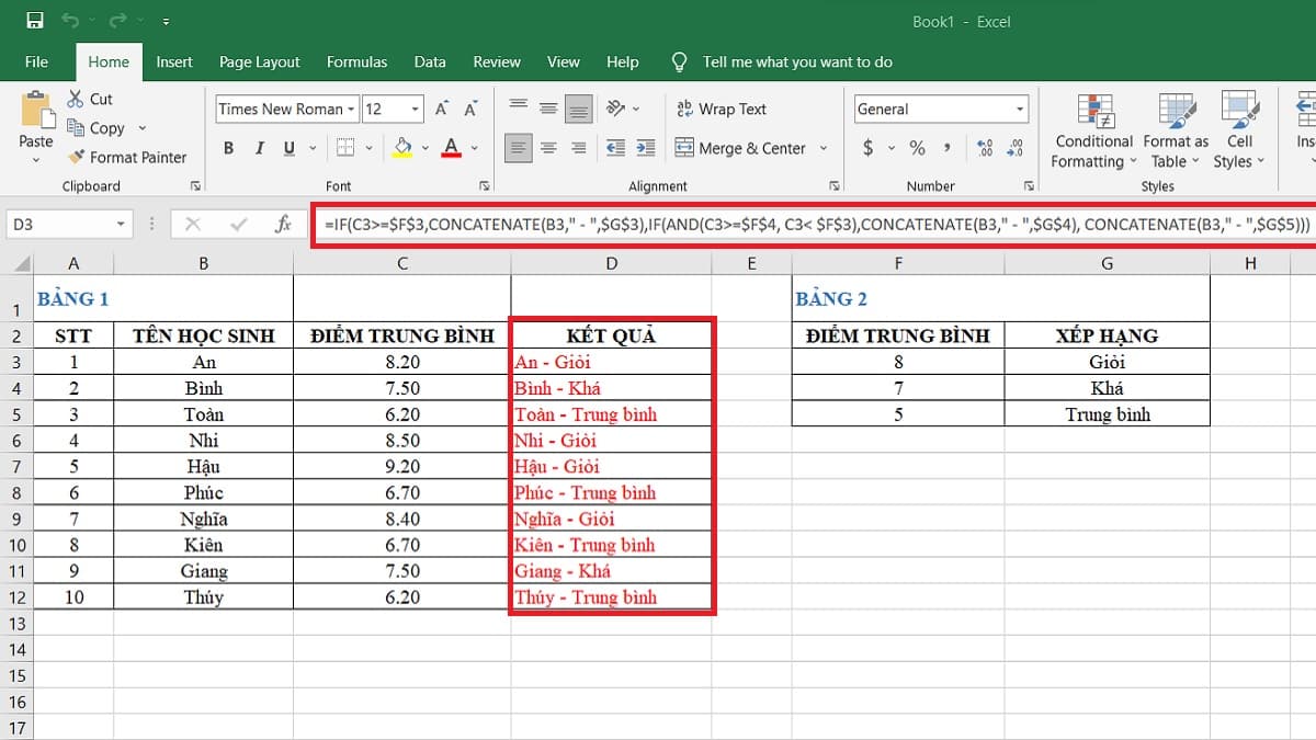 Kết hợp IF và hàm CONCATENATE