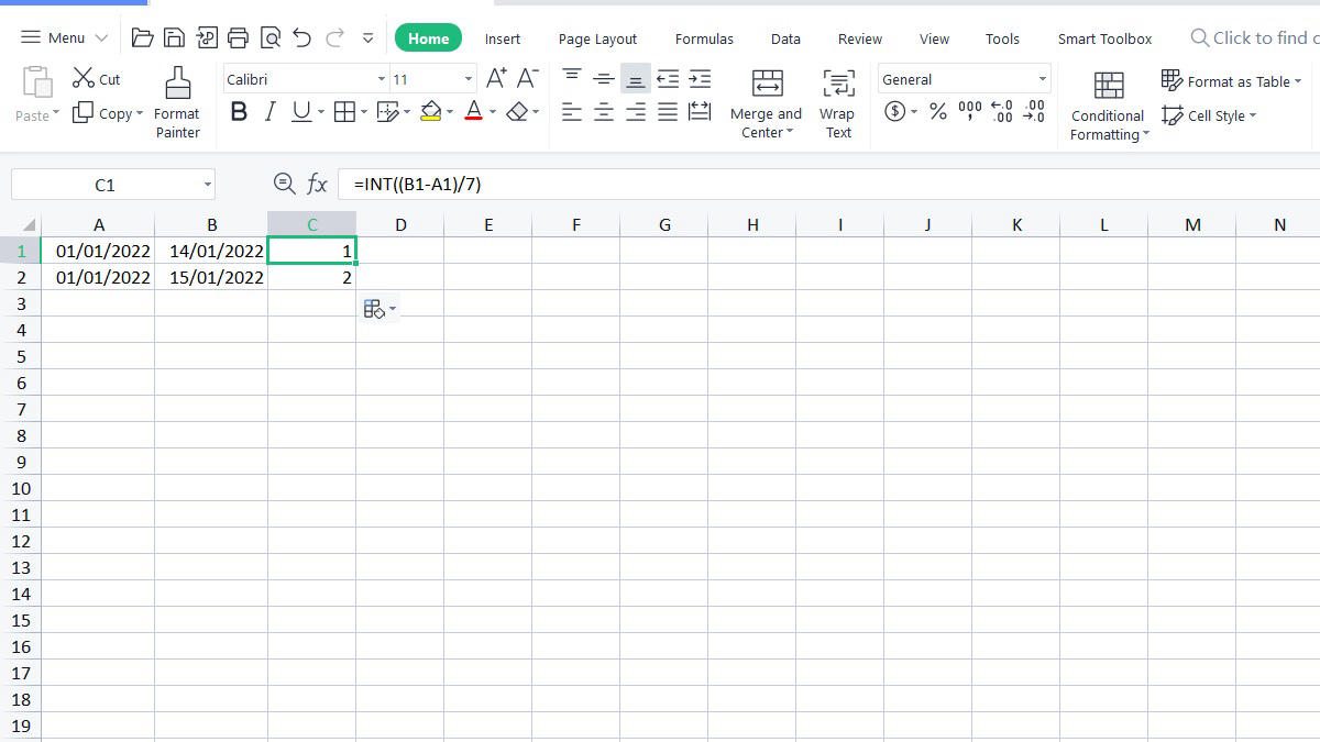 Cách dùng hàm INT trong Excel để tính số tuần