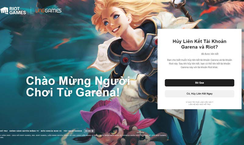 huỷ liên kết tài khoản Garena LMHT với Riot Games
