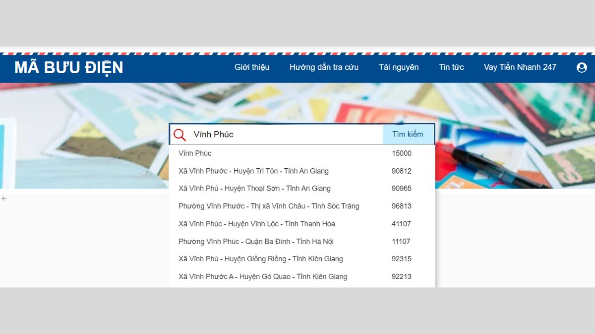 Hướng dẫn tra cứu mã bưu chính Vĩnh Phúc trên Mabuudien.net cách 1