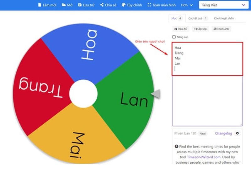 Tạo vòng quay may mắn tự ghi với Wheel of names bước 1