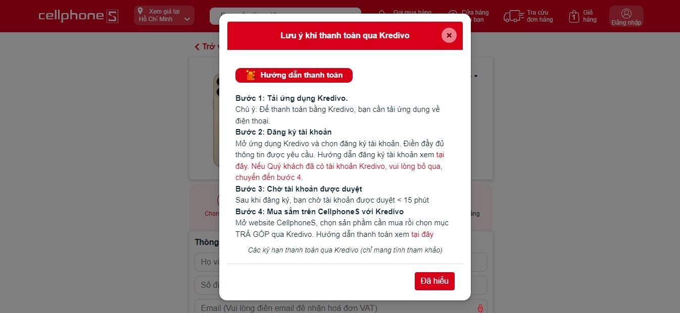 Trả góp qua hình thức Kredivo (Áp dụng với tài khoản Premium)