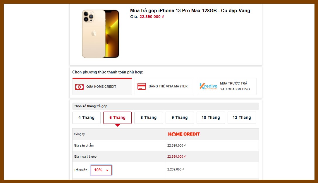 Trả góp iPhone 13 Promax cũ qua công ty tài chính Home Credit
