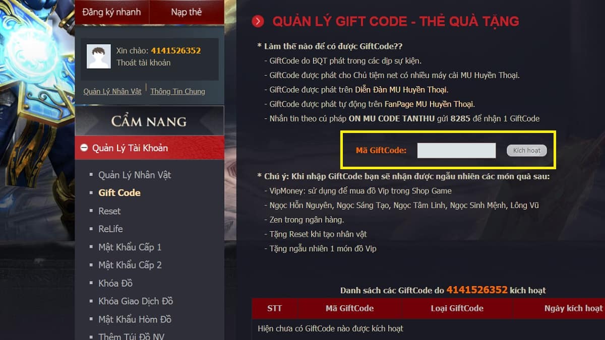 Cách nhập code Mu Huyền Thoại bước 3