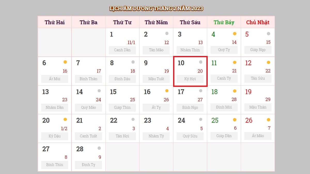 Ngày 10/2/2023 (nhằm ngày 20/1/2023 âm lịch)