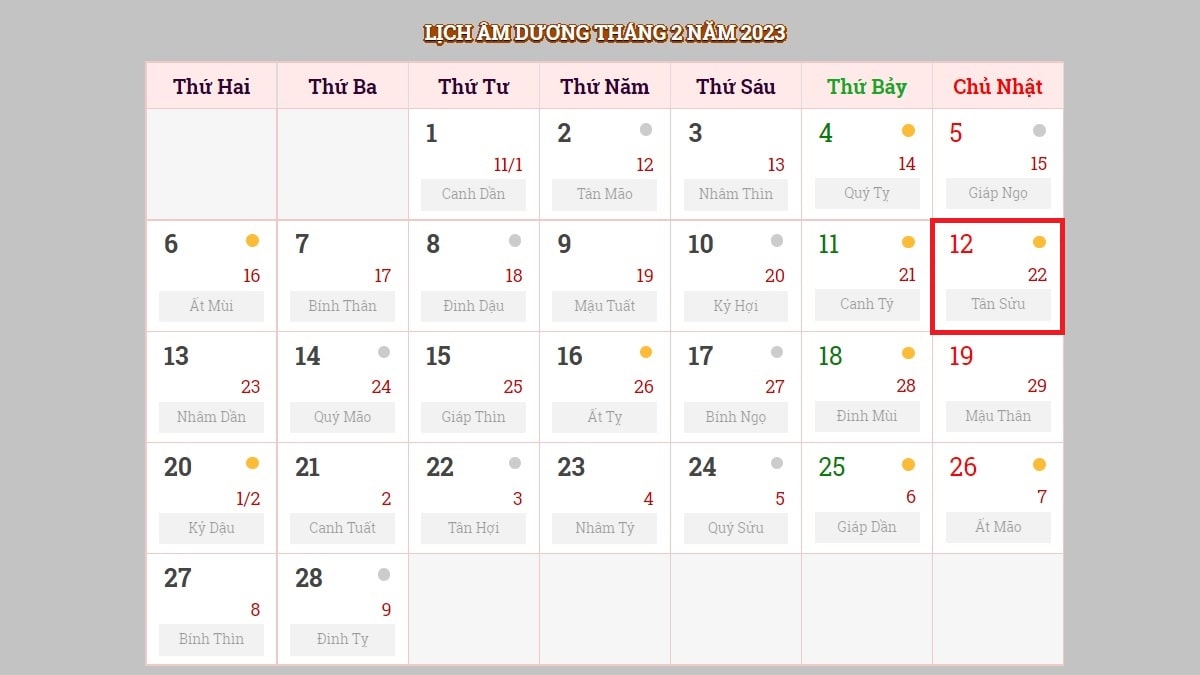 Ngày 12/2/2023 (nhằm ngày 22/1/2023 âm lịch)
