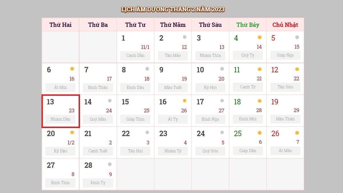 Ngày 13/2/2023 (nhằm ngày 23/1/2023 âm lịch)