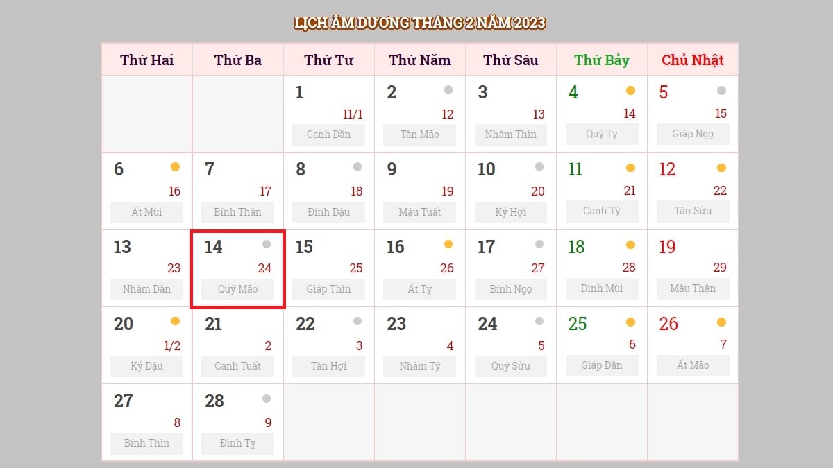 Ngày 14/2/2023 (nhằm ngày 24/1/2023 âm lịch)