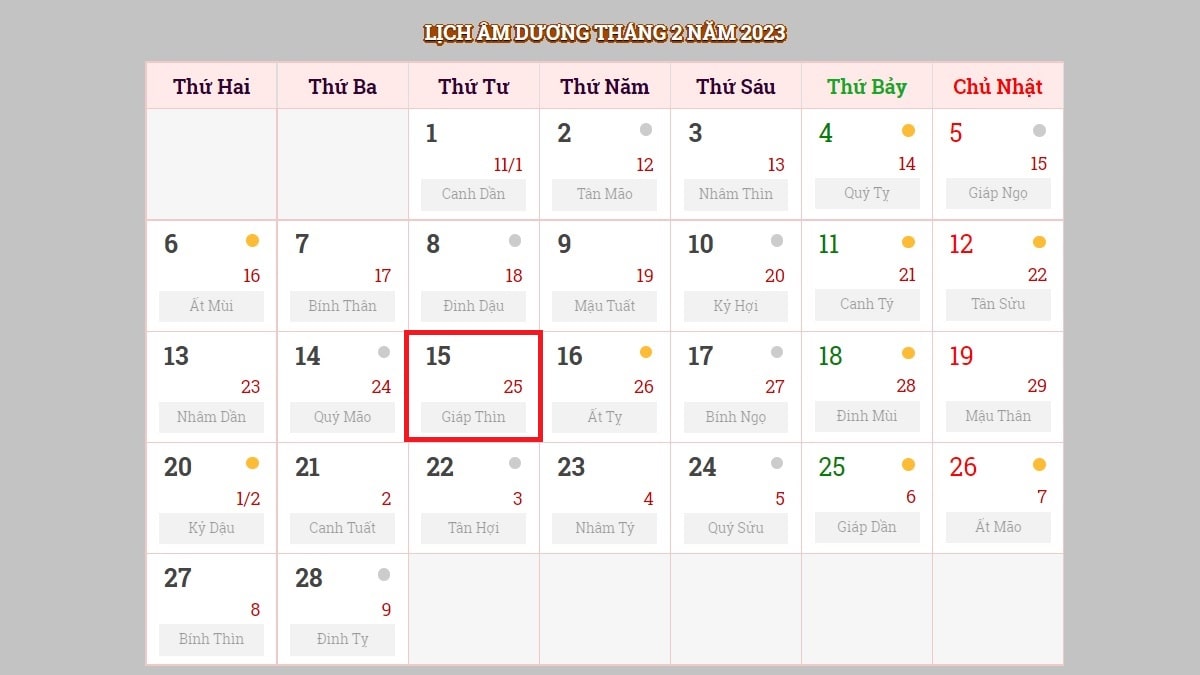 Ngày 15/2/2023 (nhằm ngày 25/1/2023 âm lịch)