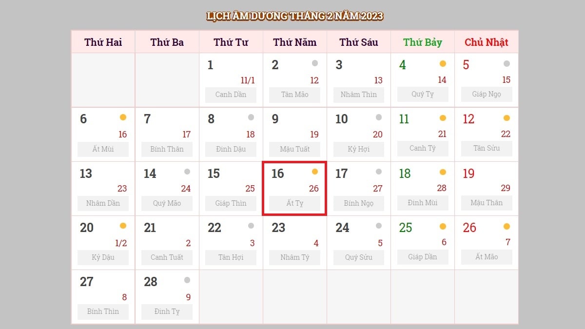 Ngày 16/2/2023 (nhằm ngày 26/1/2023 âm lịch)