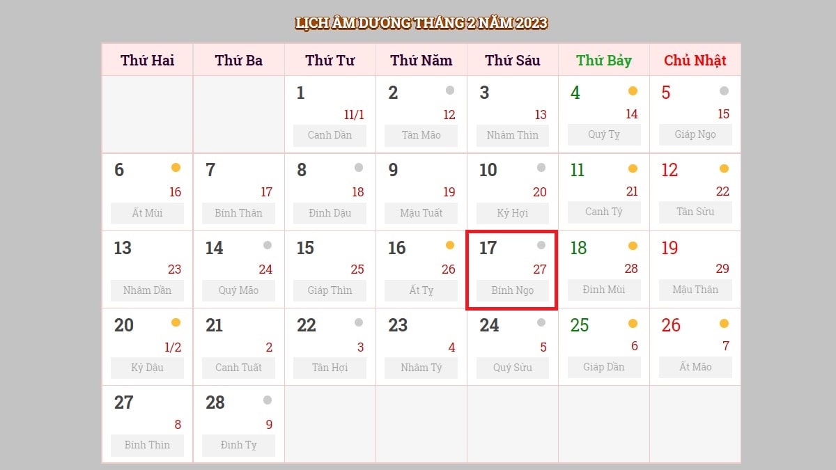 Ngày 17/2/2023 (nhằm ngày 27/1/2023 âm lịch)
