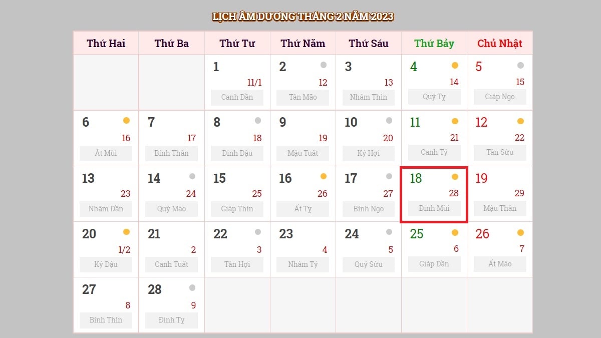 Ngày 18/2/2023 (nhằm ngày 28/1/2023 âm lịch)