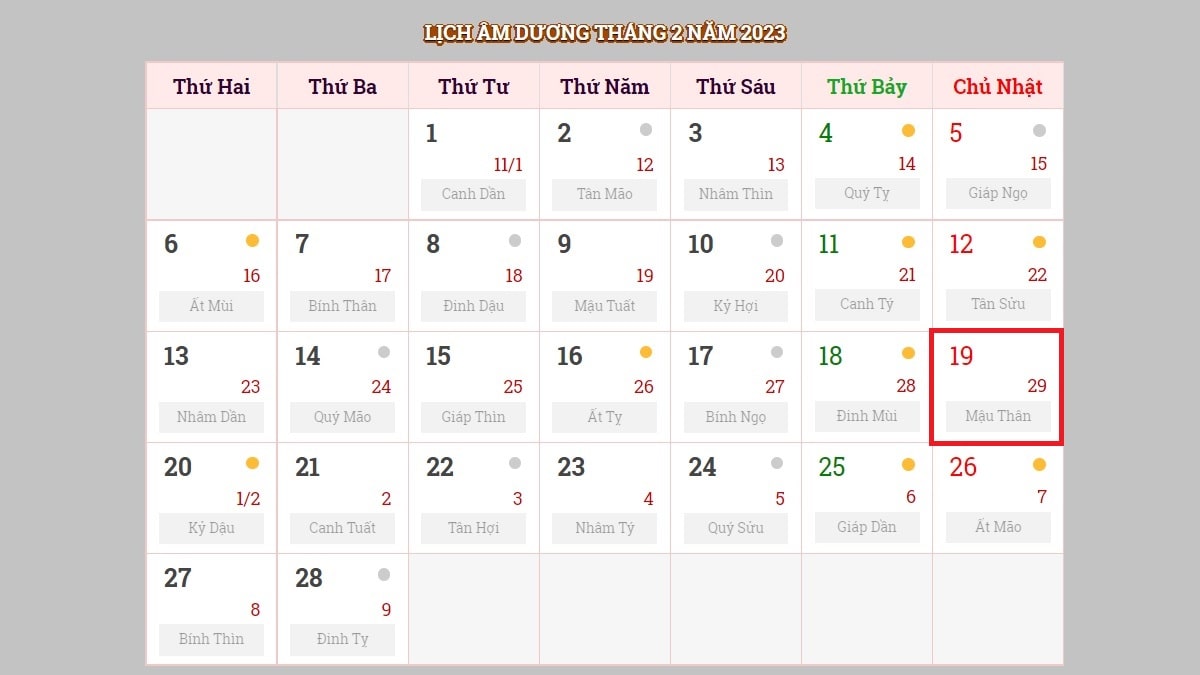 Ngày 19/2/2023 (nhằm ngày 29/1/2023 âm lịch)