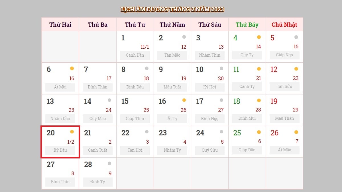 Ngày 20/2/2023 (nhằm ngày 30/1/2023 âm lịch)