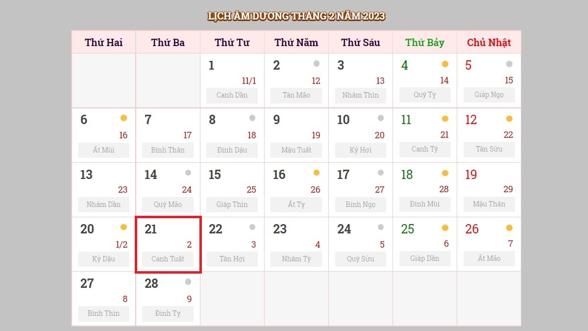 Ngày 21/2/2023 (nhằm ngày 1/2/2023 âm lịch)