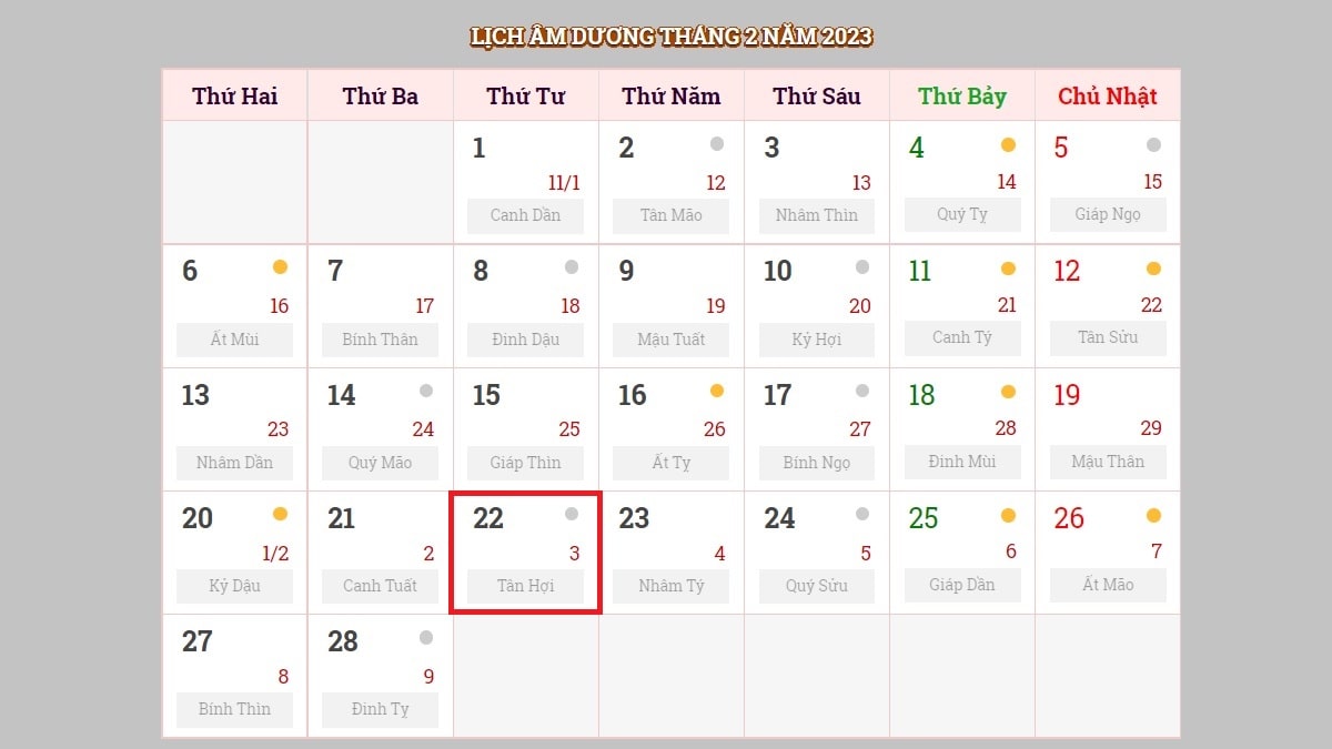 Ngày 22/2/2023 (nhằm ngày 3/2/2023 âm lịch)