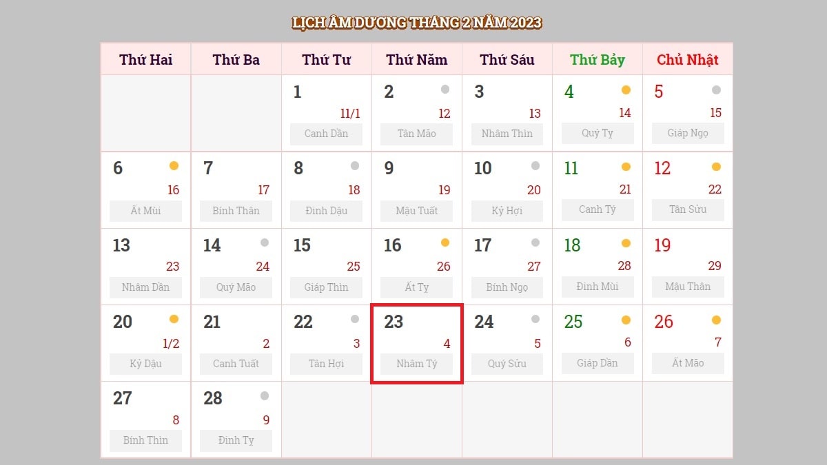 Ngày 23/2/2023 (nhằm ngày 4/2/2023 âm lịch)