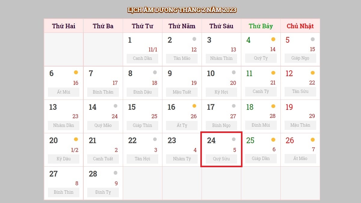 Ngày 24/2/2023 (nhằm ngày 5/2/2023 âm lịch)