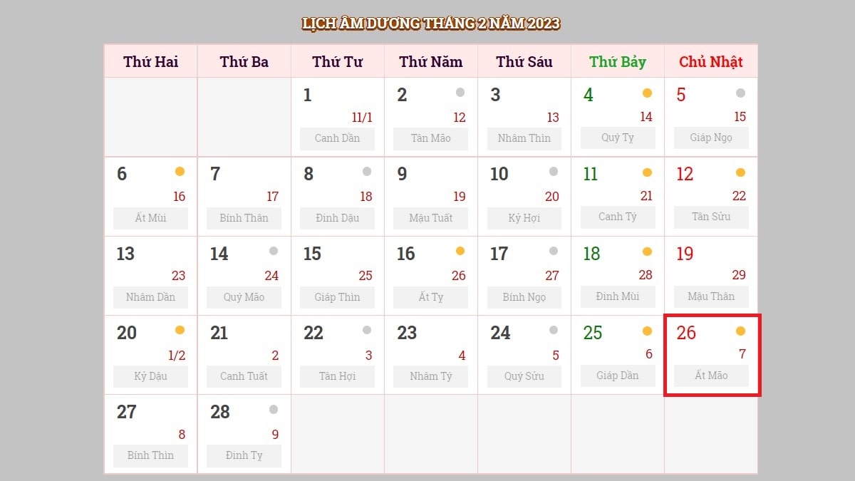 Ngày 26/2/2023 (nhằm ngày 7/2/2023 âm lịch)