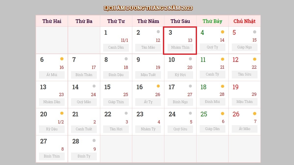 Ngày 3/2/2023 (nhằm ngày 13/1/2023 âm lịch)