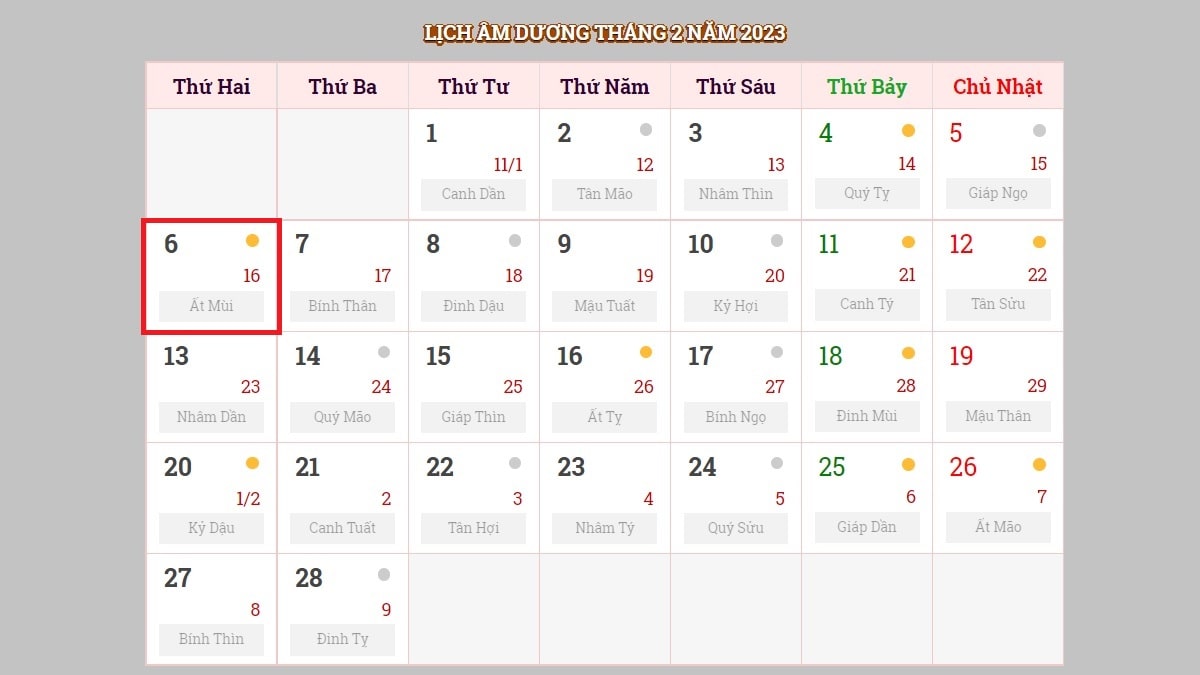 Ngày 6/2/2023 (nhằm ngày 16/1/2023 âm lịch)