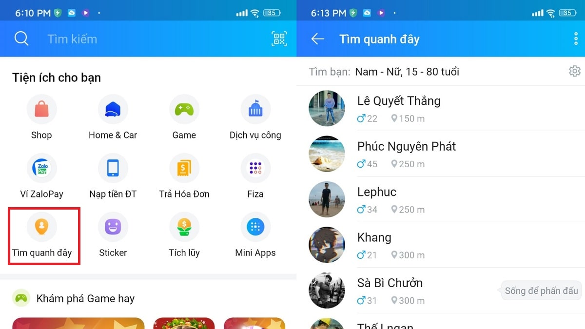 Tìm kiếm bạn bè trong khu vực với tiện ích “Tìm quanh đây” trong zalo