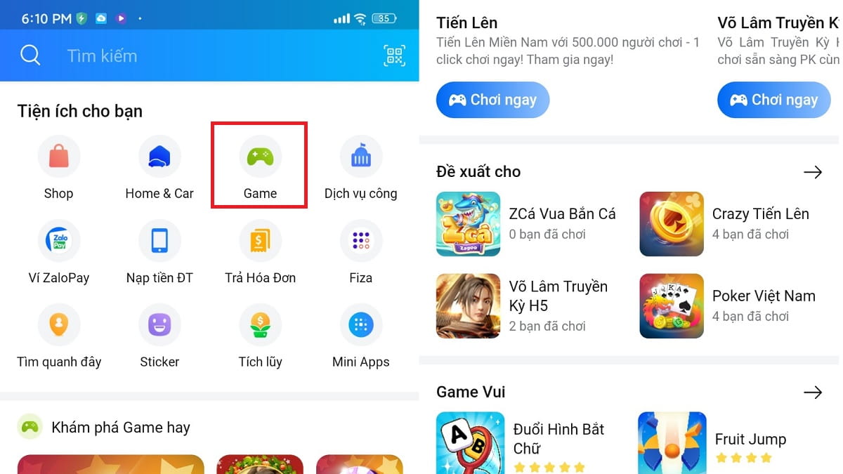 Tiện ích “Games” trong Zalo