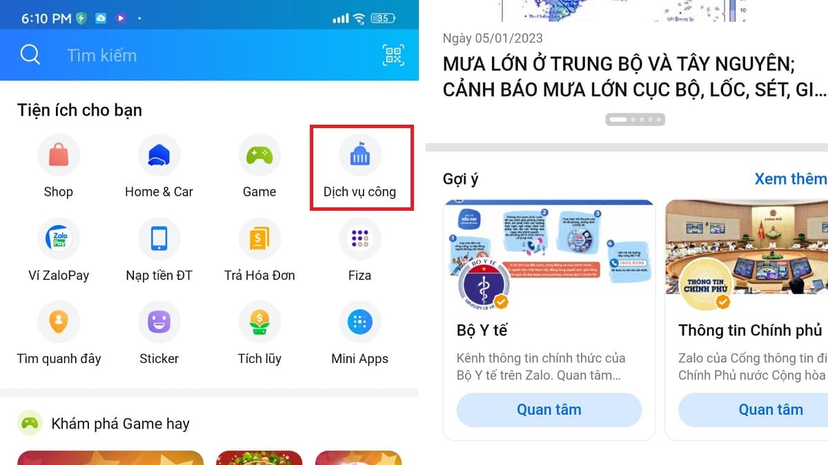 Theo dõi tin tức từ chính phủ với tiện ích “Dịch vụ công” trong zalo